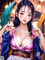 A woman in a kimono holding an umbrella.