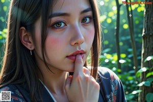 A woman with a finger on her lips.