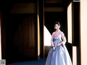 A woman in a blue and pink dress standing in a doorway.